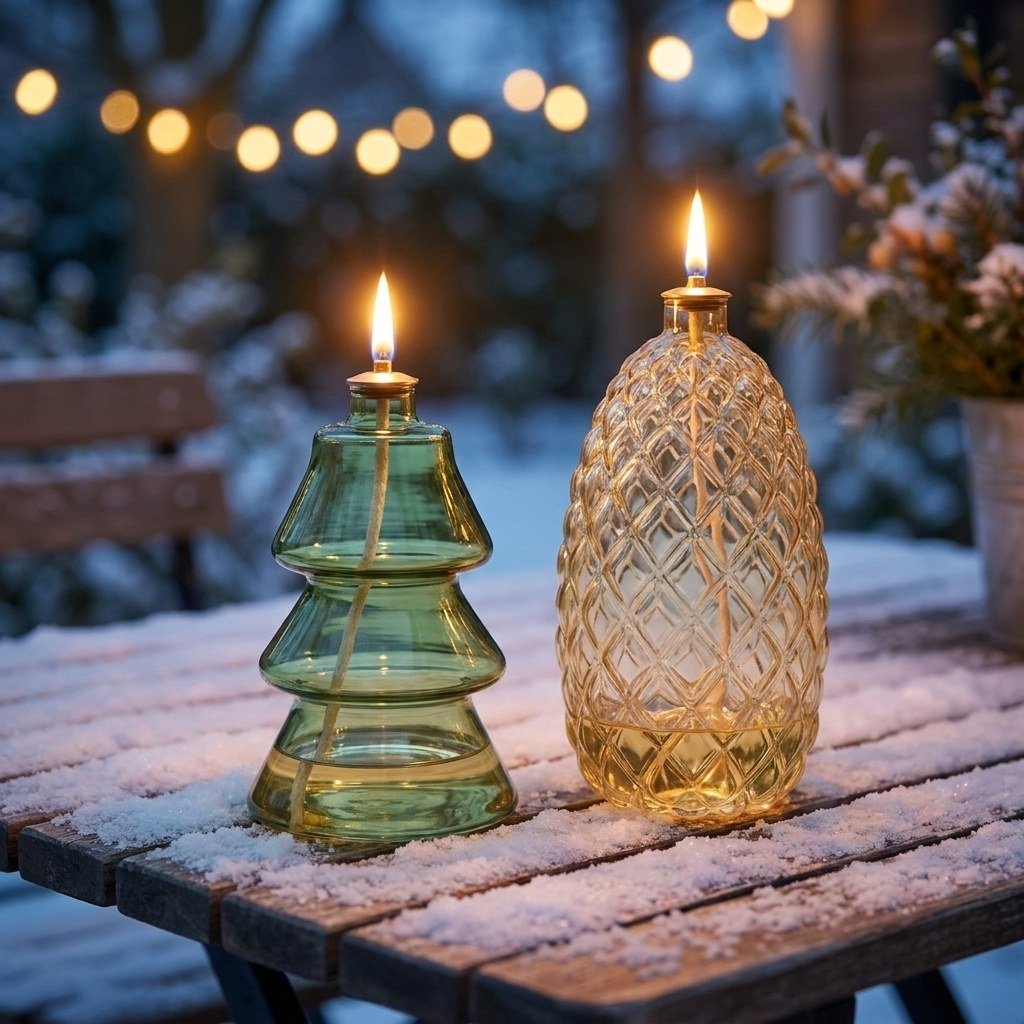 Lit Tree and Pinecone glass oil lamps on a snow-dusted patio table at dusk with string lights