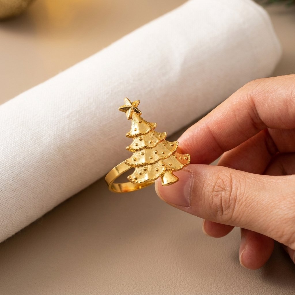 Hand holding a gold Christmas tree napkin ring in front of a rolled white napkin