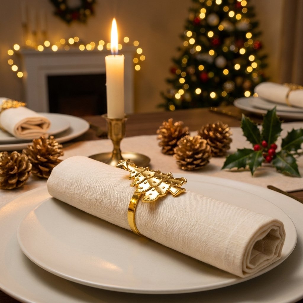 Gold Christmas tree napkin ring on a rolled linen napkin and white plate at a candlelit holiday table