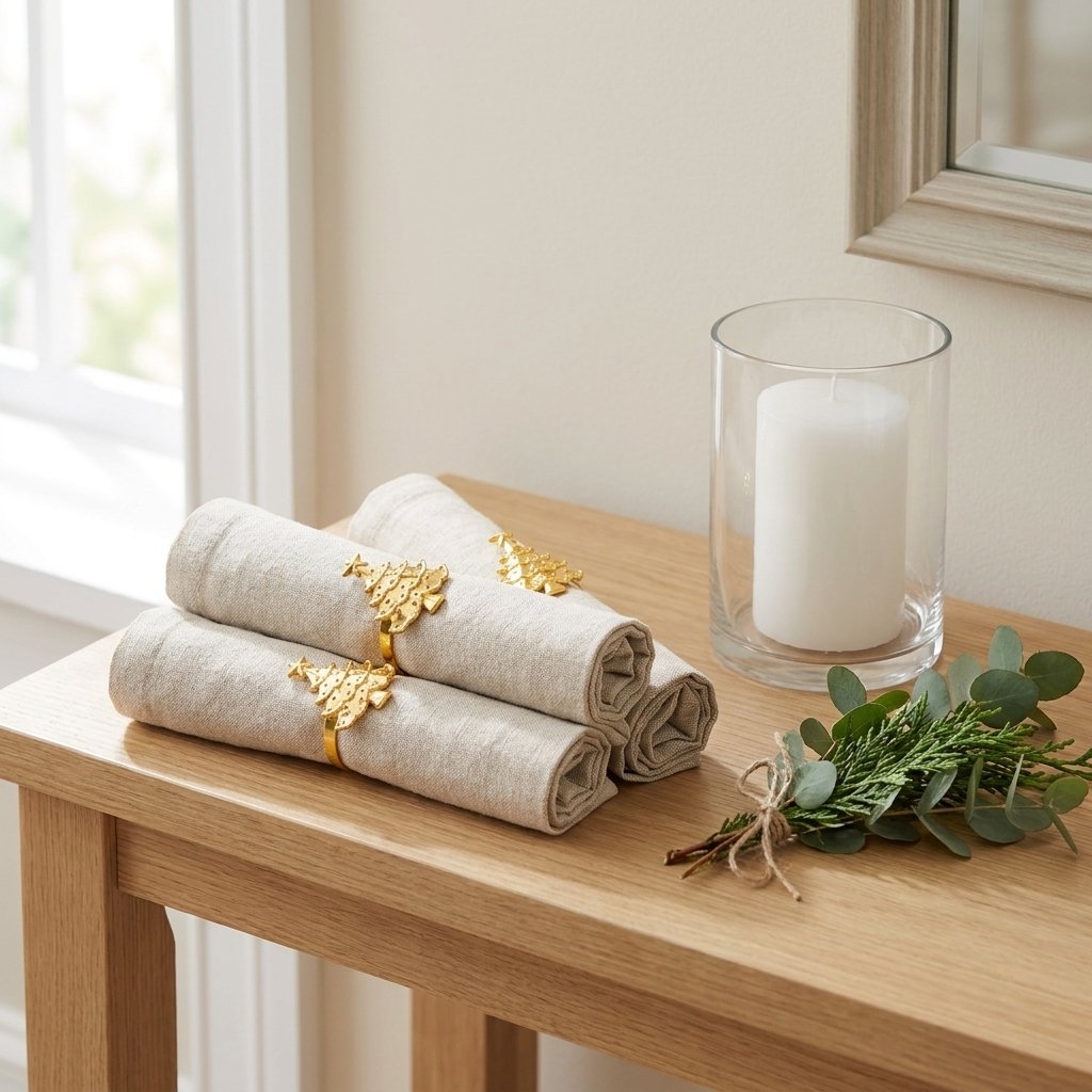 Three gold Christmas tree napkin rings on rolled linen napkins on a console table beside a candle and evergreen bundle
