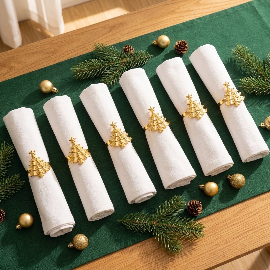 Six gold Christmas tree napkin rings on white rolled napkins along a dark green table runner with pine and gold baubles