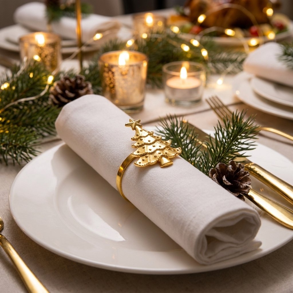 Gold Christmas tree napkin ring on a rolled white napkin and plate in a candlelit holiday table setting