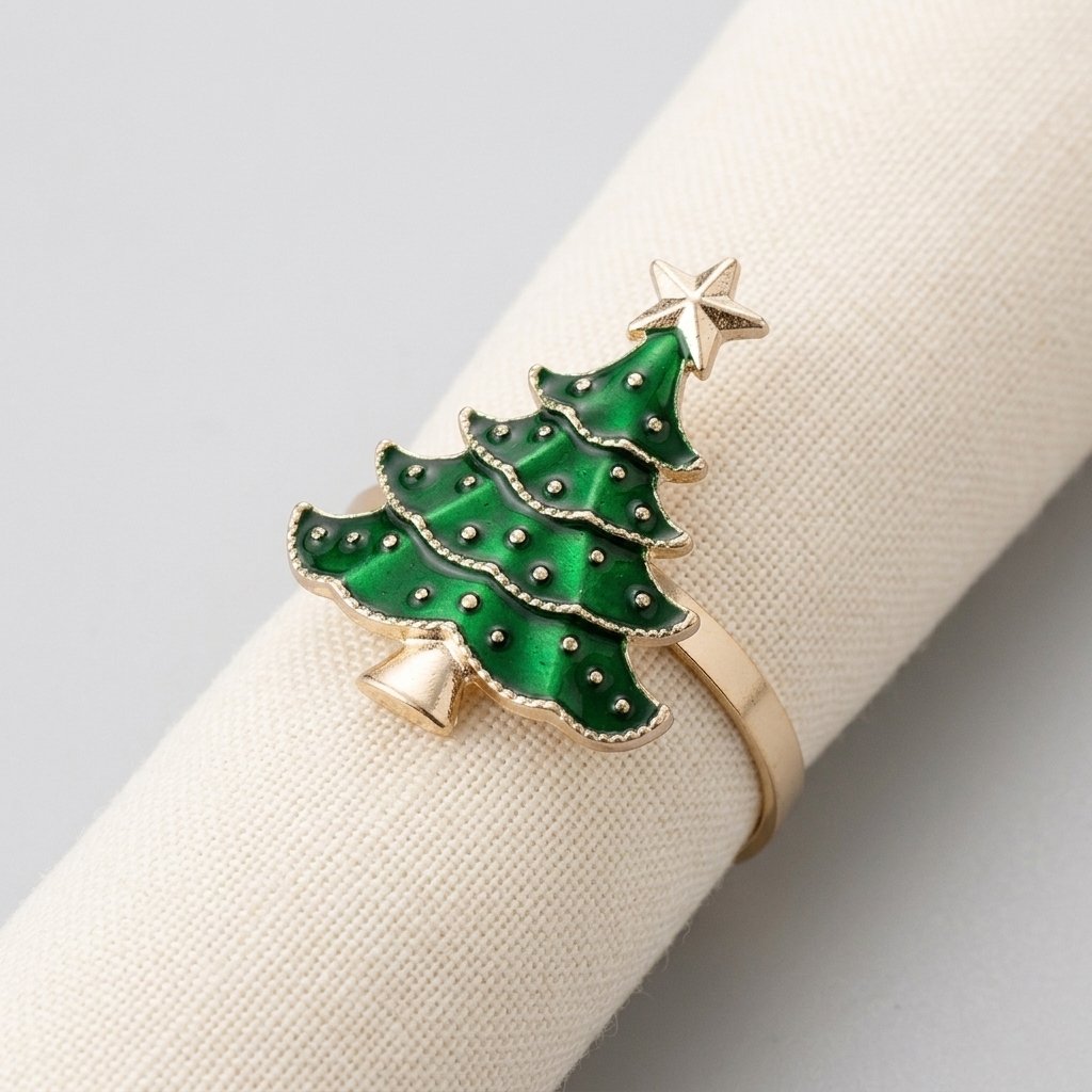 Close-up of a green enamel Christmas tree napkin ring with gold trim and a star on a cream textured napkin