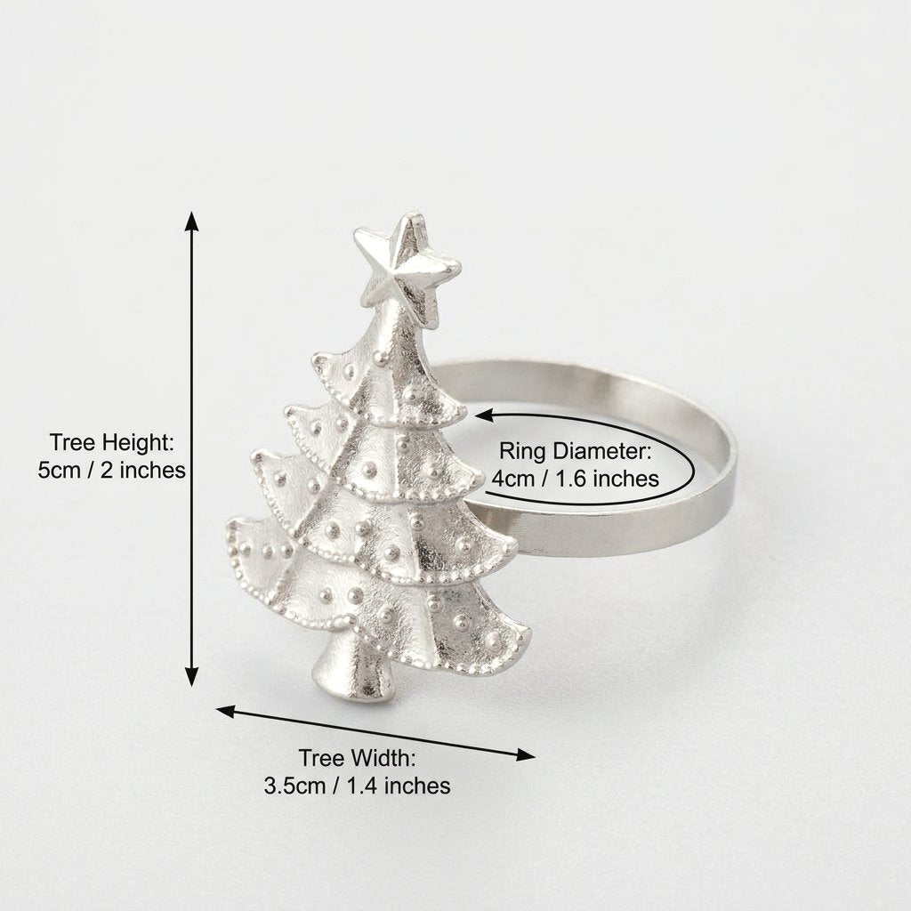 Silver Christmas tree napkin ring with labeled arrows showing tree height of 5 cm, ring diameter of 4 cm, and tree width of 3.5 cm