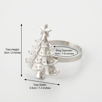 Silver Christmas tree napkin ring with labeled arrows showing tree height of 5 cm, ring diameter of 4 cm, and tree width of 3.5 cm