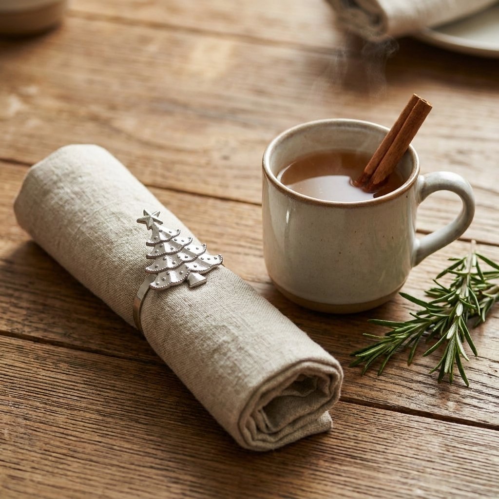 Silver Christmas tree napkin ring on a rolled oatmeal linen napkin beside a mug of tea and a cinnamon stick
