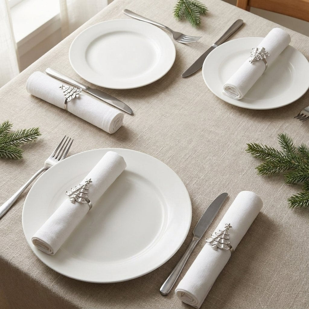 Four silver Christmas tree napkin rings on white rolled napkins in holiday place settings with cutlery and pine sprigs