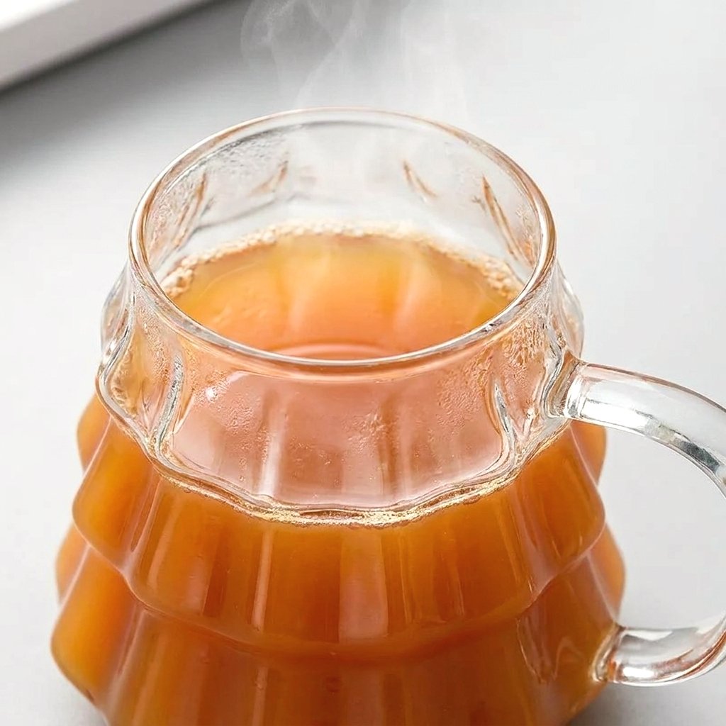 Close-up of the tree-shaped glass's ridged rim filled with steaming cider