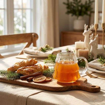 Tree-shaped glass filled with apple cider on a wood serving board beside croissants and cinnamon sticks