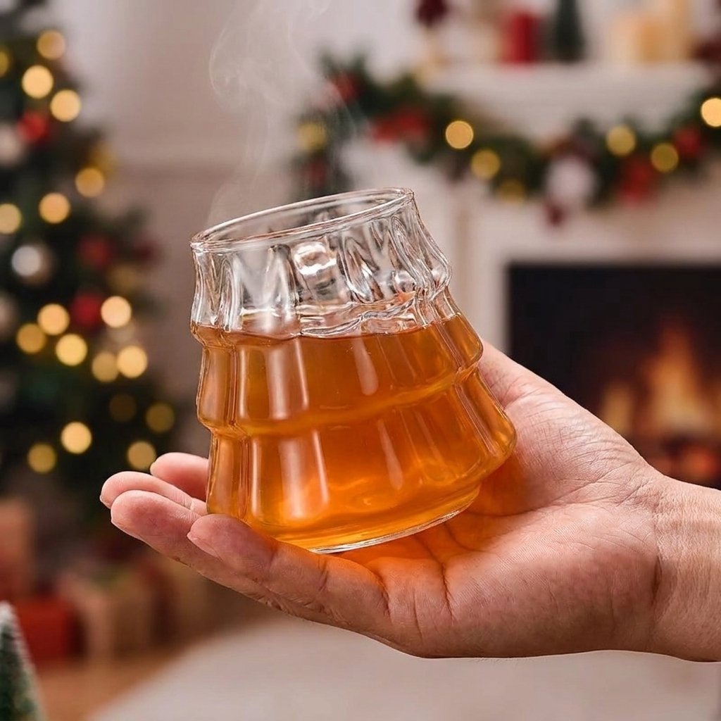 Tree-shaped glass filled with steaming apple cider held in a hand near a decorated Christmas tree