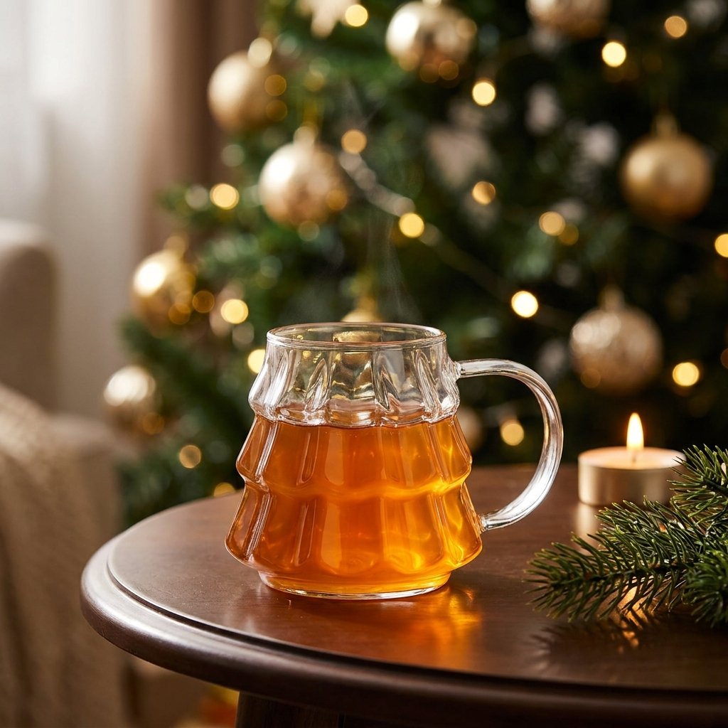 Tree-shaped glass filled with steaming apple cider on a side table beside a lit tealight and decorated tree