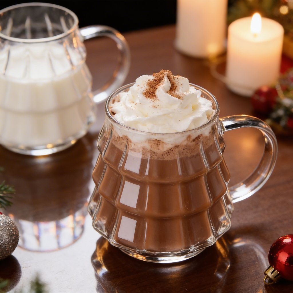 Tree-shaped glass filled with hot cocoa and whipped cream beside a second glass of milk by candlelight