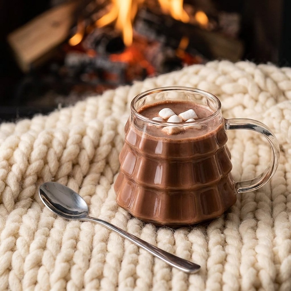 Tree-shaped glass filled with hot cocoa and marshmallows on a knit blanket beside a lit fireplace