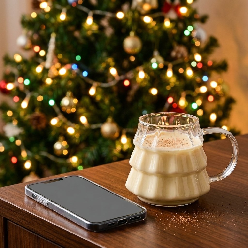 Tree-shaped glass filled with eggnog dusted with nutmeg on a console table with a lit tree in the background