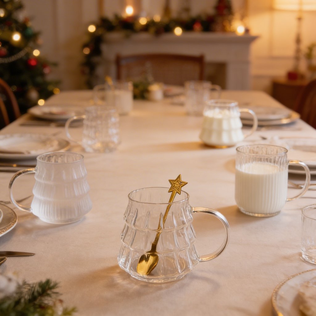 Tree-shaped glass on a set holiday table among other glassware and drinkware