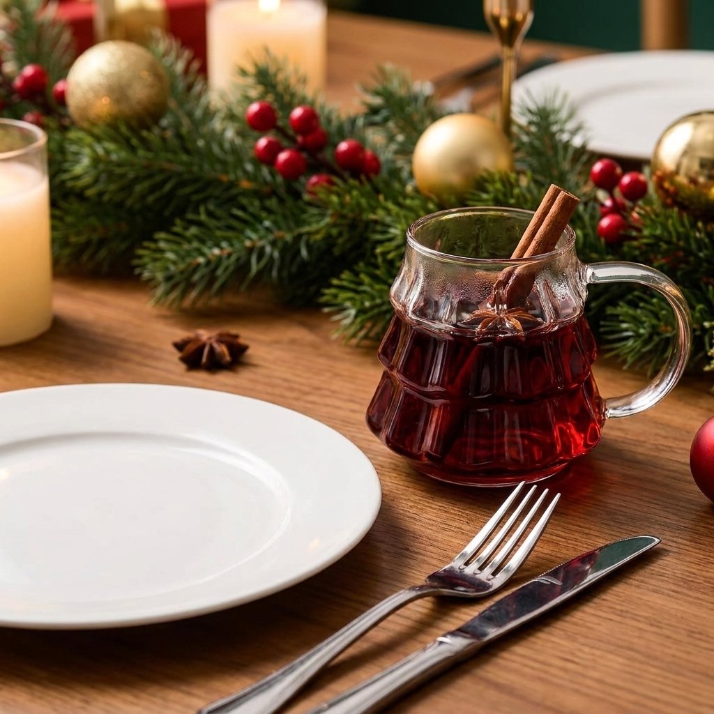 Tree-shaped glass filled with mulled wine, garnished with a cinnamon stick, on a table with pine garland