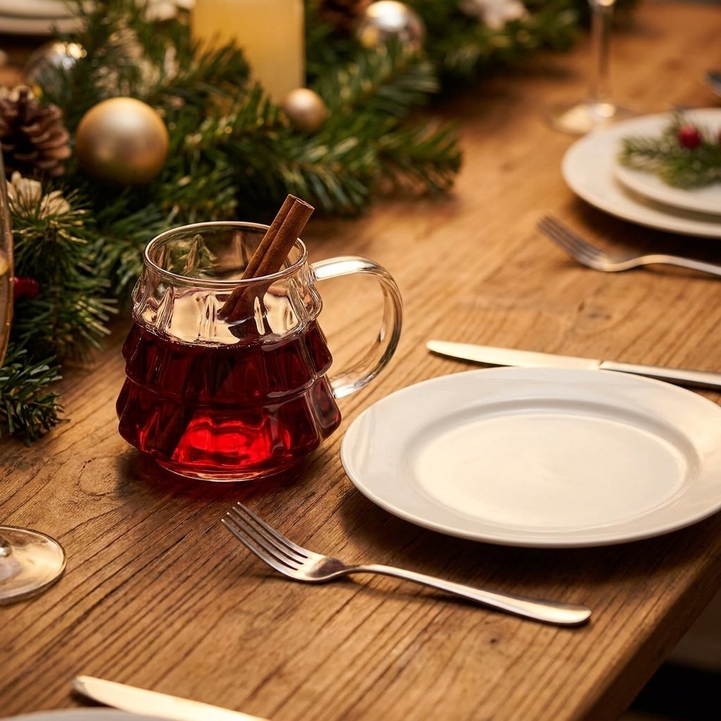 Tree-shaped glass filled with mulled wine and a cinnamon stick on a rustic table with pine greenery