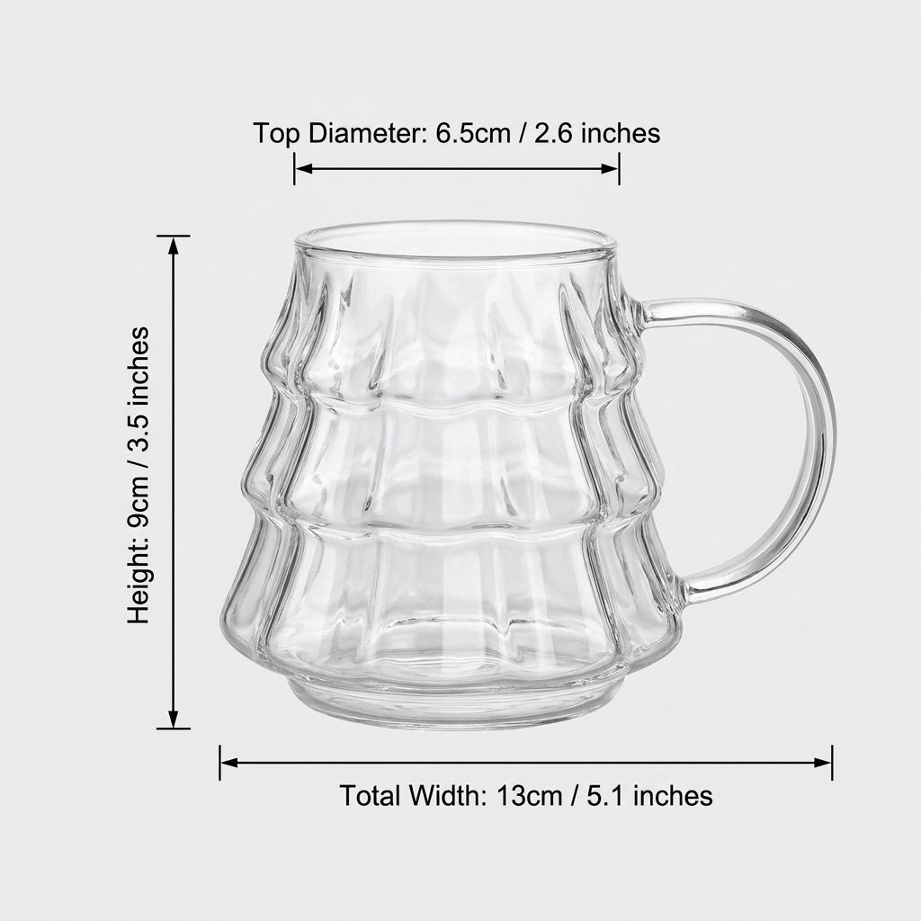 Tree-shaped glass dimensions: 3.5in/9cm height, 2.6in/6.5cm top diameter, 5.1in/13cm total width