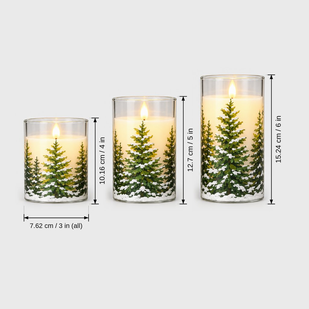 Dimensions graphic of three flameless candles printed with snowy pine trees, heights 10.16 cm or 4 in, 12.7 cm or 5 in and 15.24 cm or 6 in, each 7.62 cm or 3 in wide