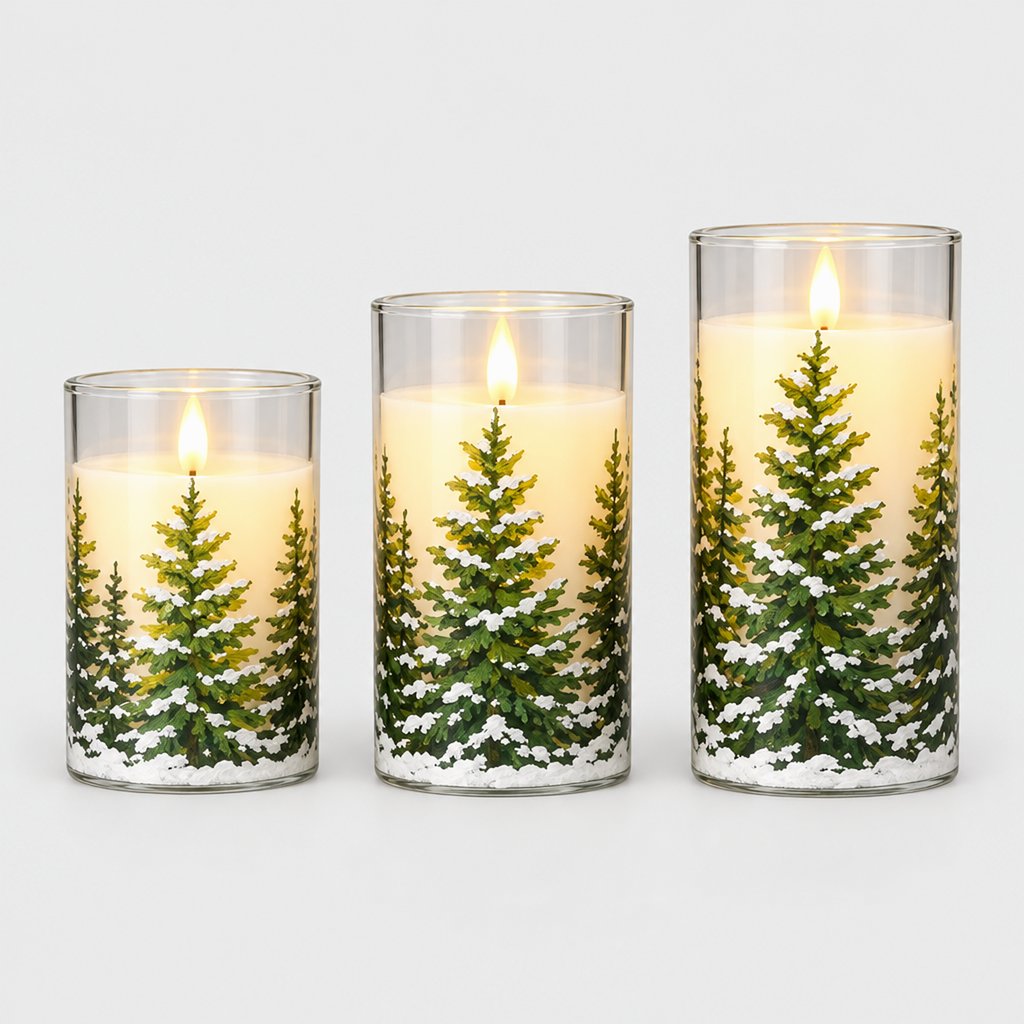 Three flameless candles of different heights printed with snowy pine trees on a plain light background