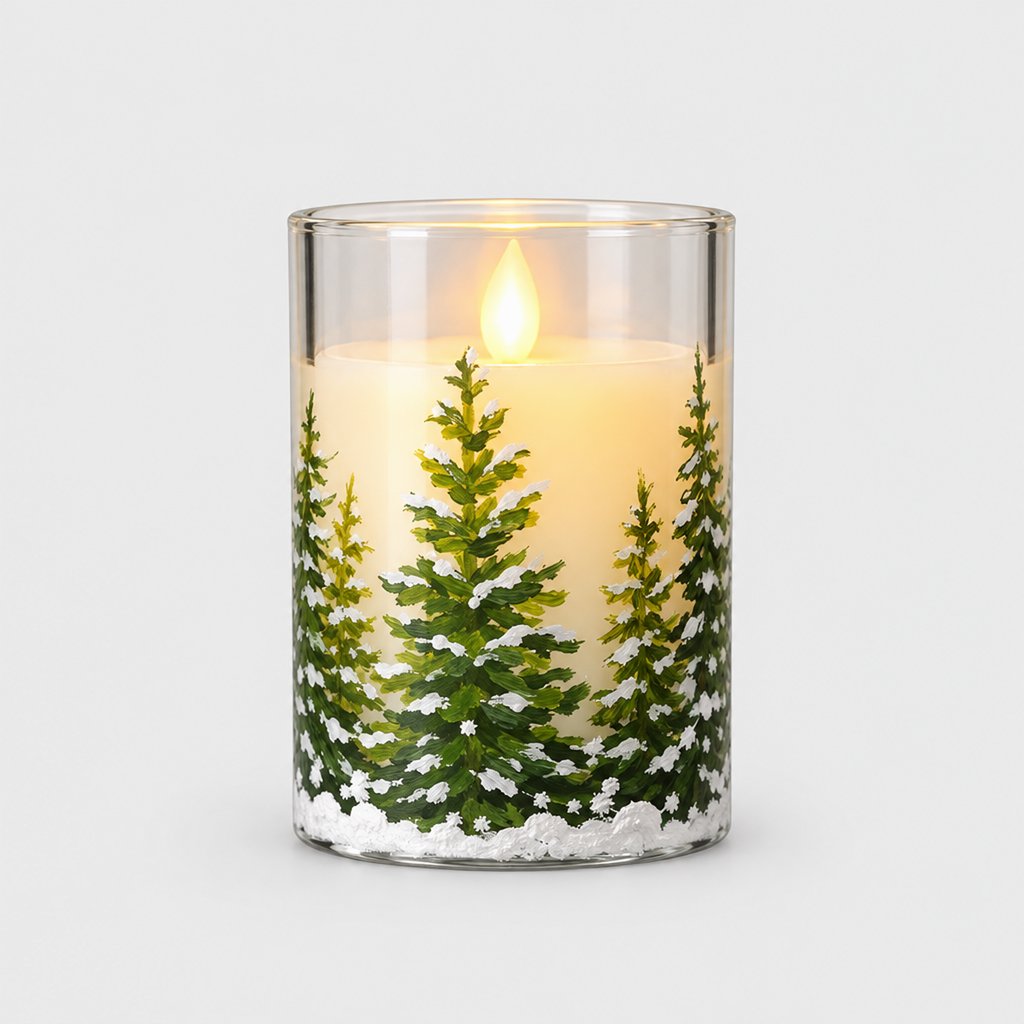 Small flameless candle printed with a snowy pine tree and a glowing flame on a plain light background