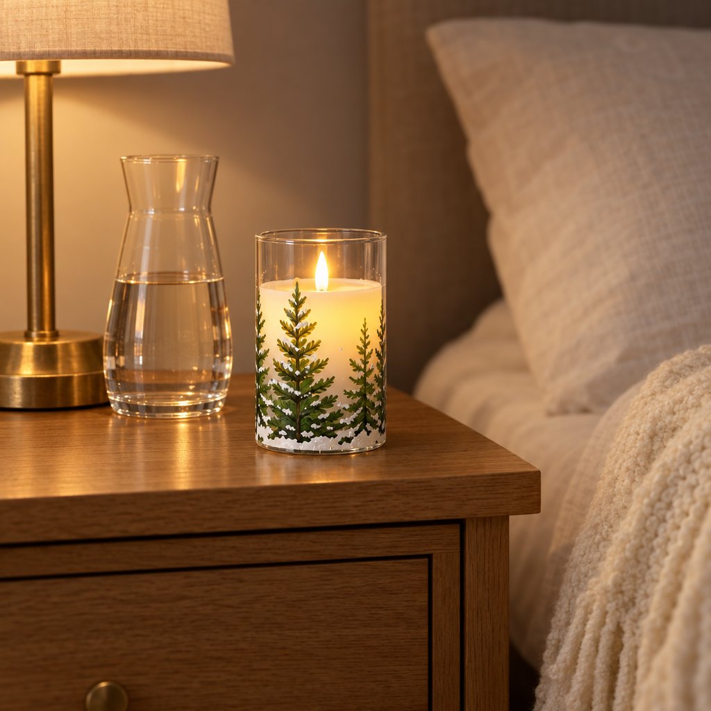 Single flameless candle printed with a snowy pine tree on a wood nightstand beside a glass carafe of water and a lamp, next to a bed with a cream throw