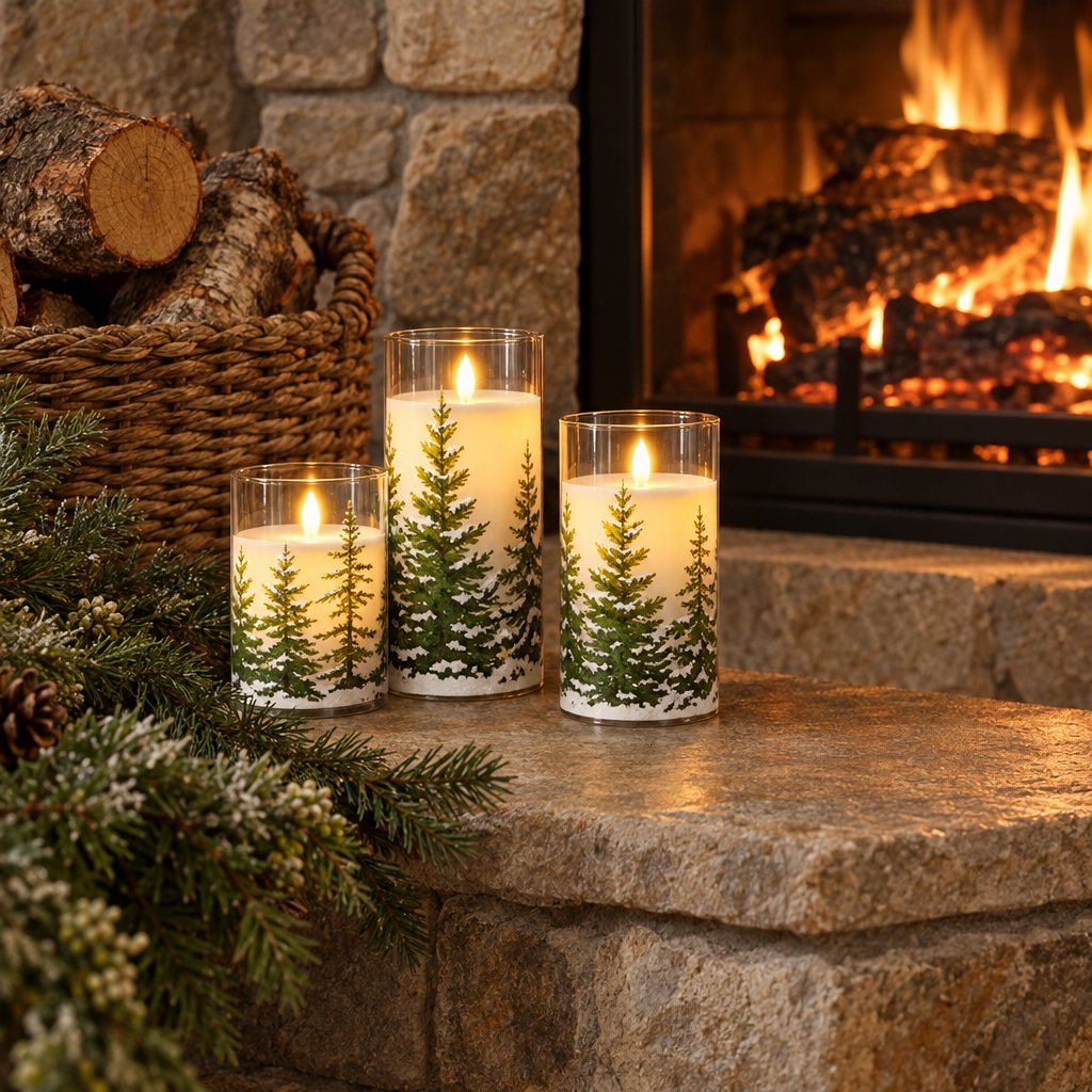 Three flameless candles printed with snowy pine trees on a stone hearth with frosted evergreen sprigs, beside a lit fireplace and a basket of logs