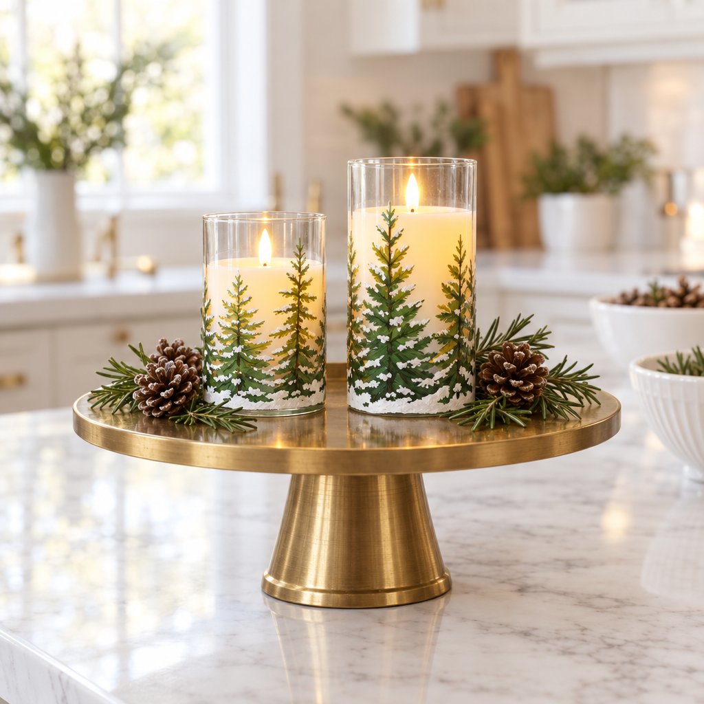 Two flameless candles printed with snowy pine trees on a brass cake stand with pinecones and evergreen sprigs on a white marble kitchen island