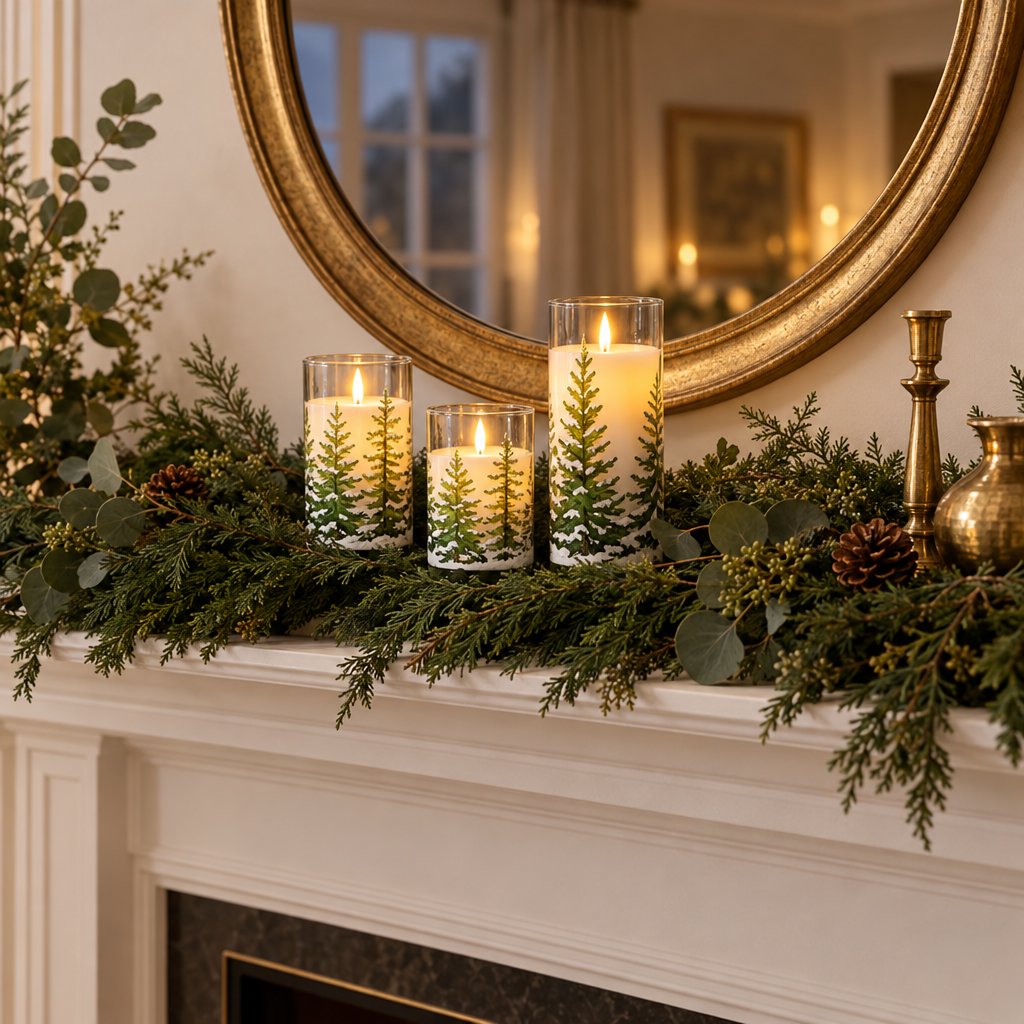 Three flameless candles printed with snowy pine trees on a white mantel with an evergreen garland, in front of a gold-framed round mirror