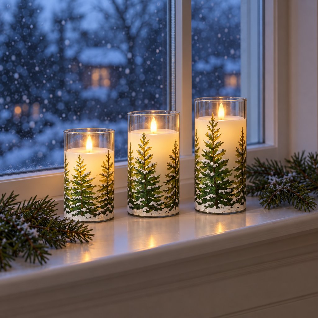 Three flameless candles printed with snowy pine trees on a window sill with evergreen sprigs, in front of a window with snow falling outside at dusk