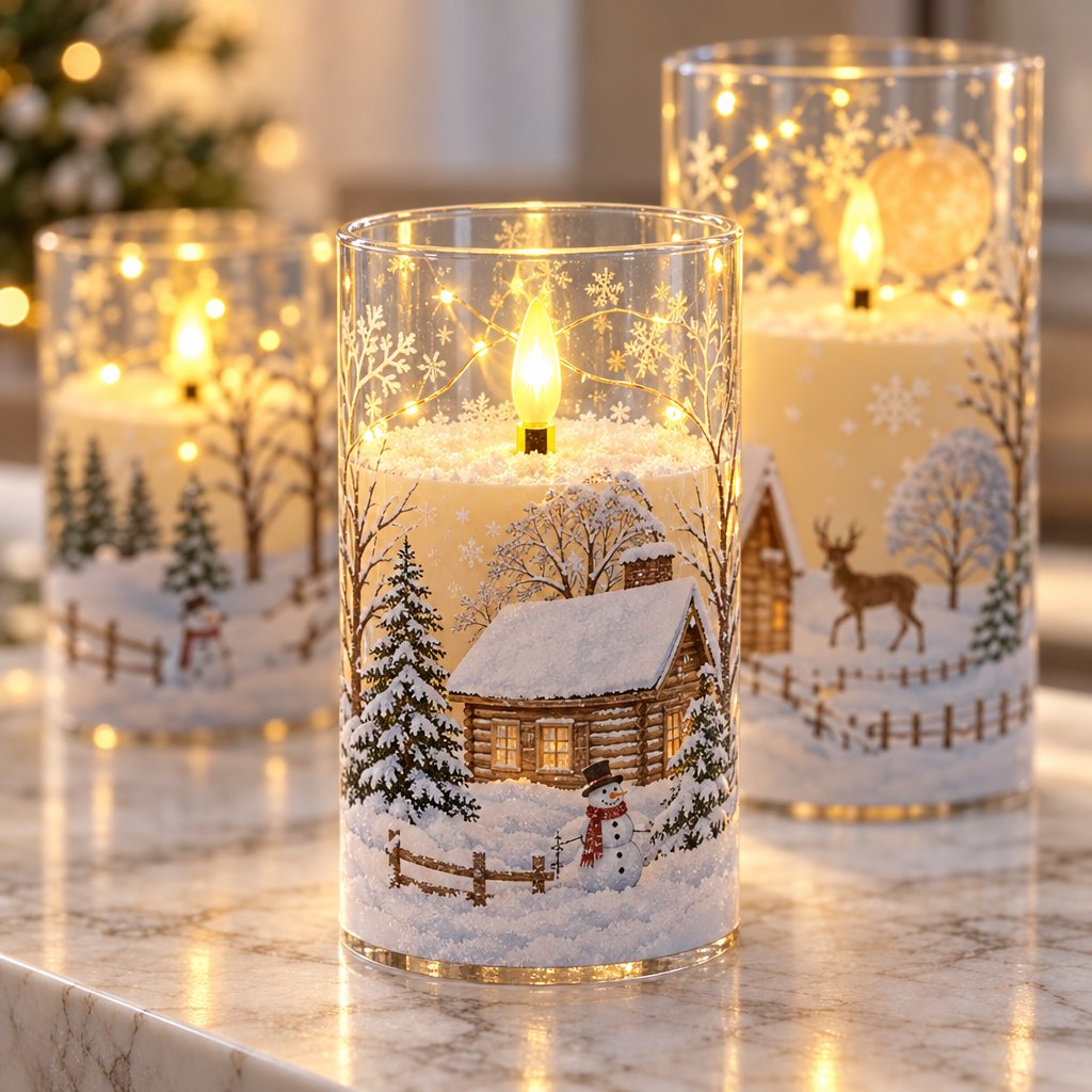 Close-up of three glass-look flameless candles printed with a snowy winter scene of a log cabin, pine trees, a deer and snowflakes, with a flickering flame glow on a marble surface