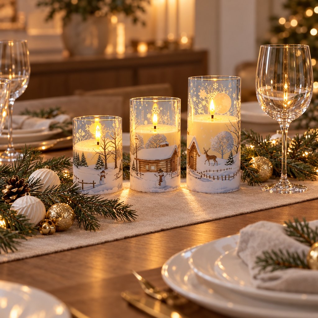 Three flameless candles with a snowy village print on a table runner with pine sprigs and gold ornaments, set for dinner with a wine glass and plates