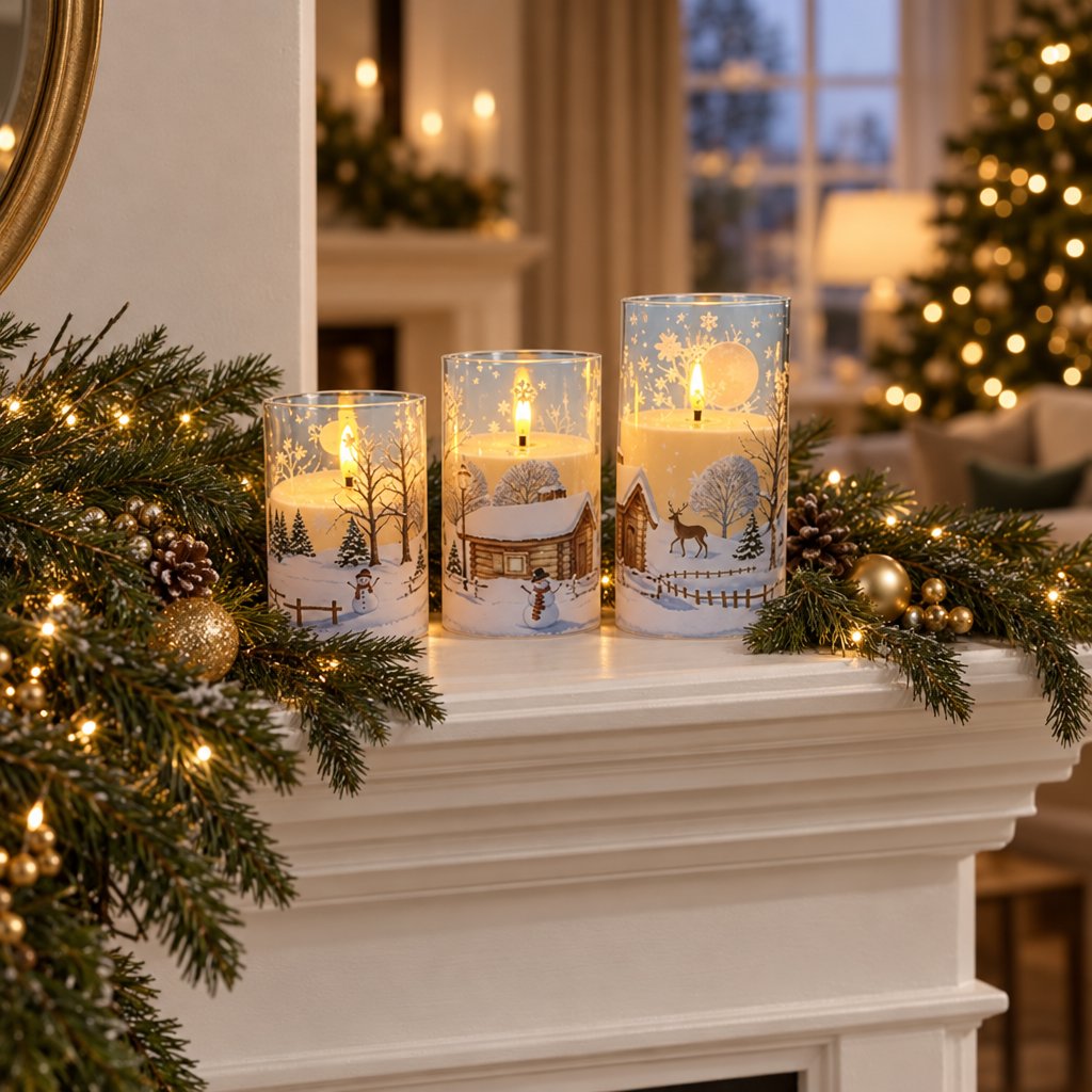 Three flameless candles with a snowy village print on a white mantel with a pine garland, gold ornaments and warm lights, with a Christmas tree in the background