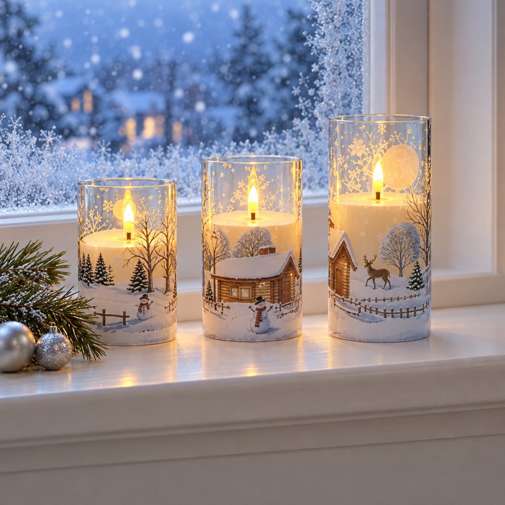 Three flameless candles with a snowy village print on a windowsill in front of a frosted window with falling snow outside, beside a pine garland and silver ornaments