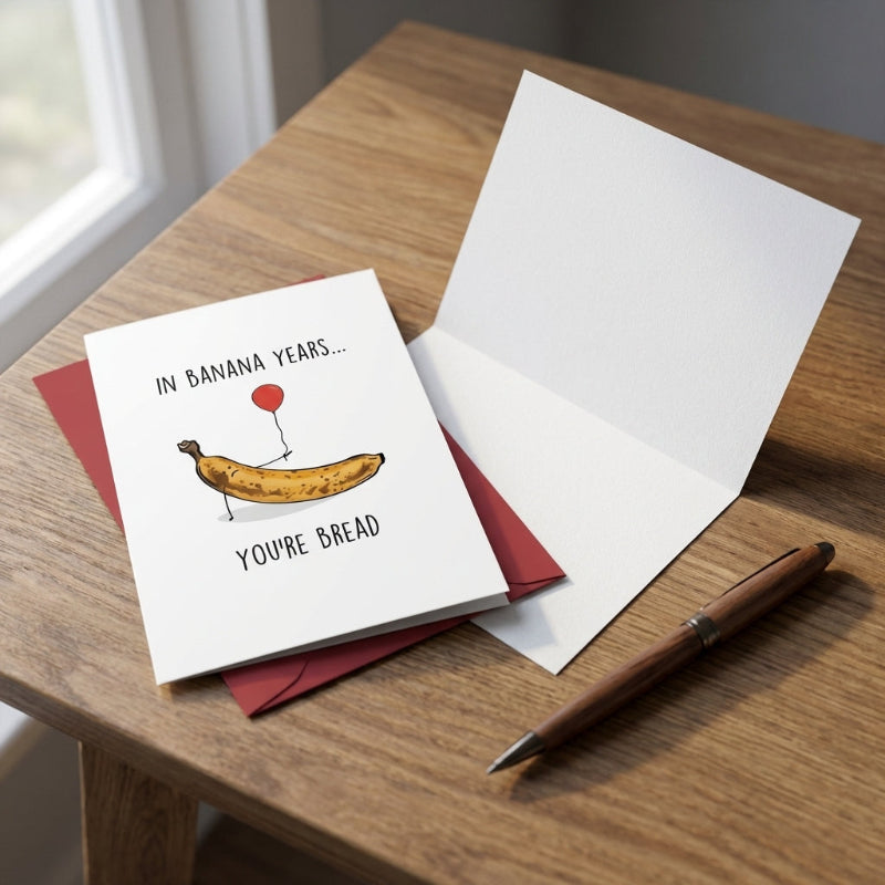 Greeting card with banana illustration and text on a wooden table