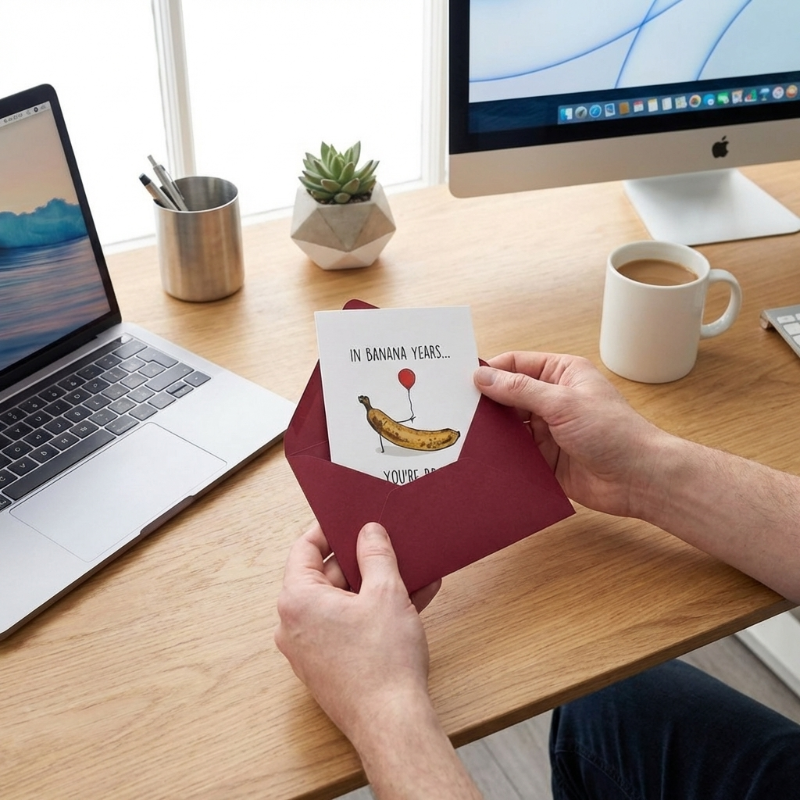 Person holding a card with a banana illustration on a desk with a laptop and computer monitor.