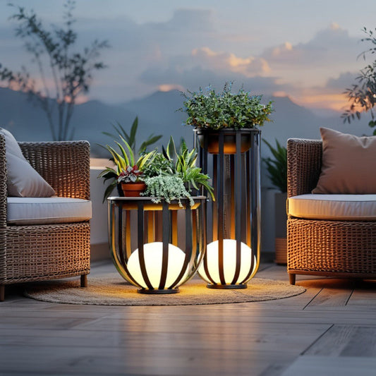 Outdoor patio setting with wicker chairs, decorative plants, and illuminated lanterns against a mountainous backdrop.