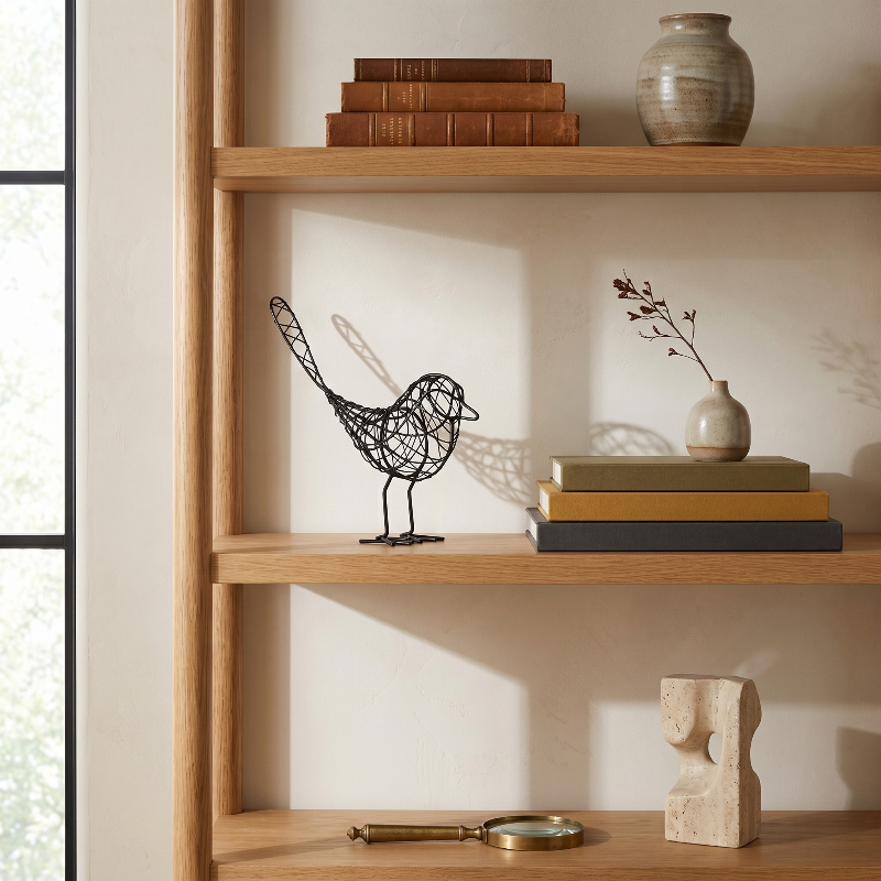 Iron bird sculpture on wooden bookshelf with books and decor