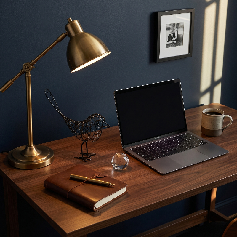 Iron bird sculpture on desk beside laptop and lamp