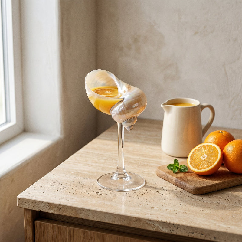 Isla seashell glass with orange drink on windowsill