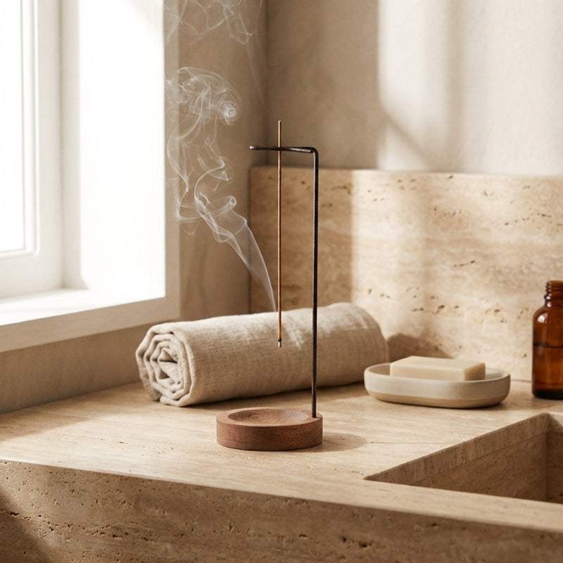 Walnut wood and brass accent detail on incense holder
