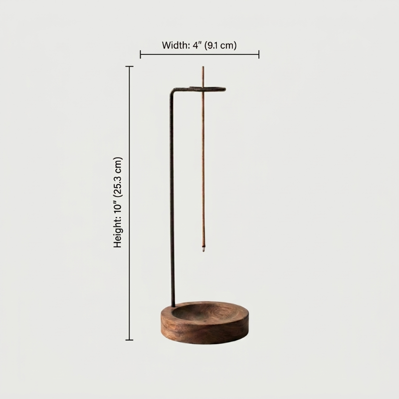 Kanso suspended walnut wood incense burner with white background an dimensions.