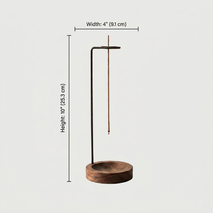 Kanso suspended walnut wood incense burner with white background an dimensions.