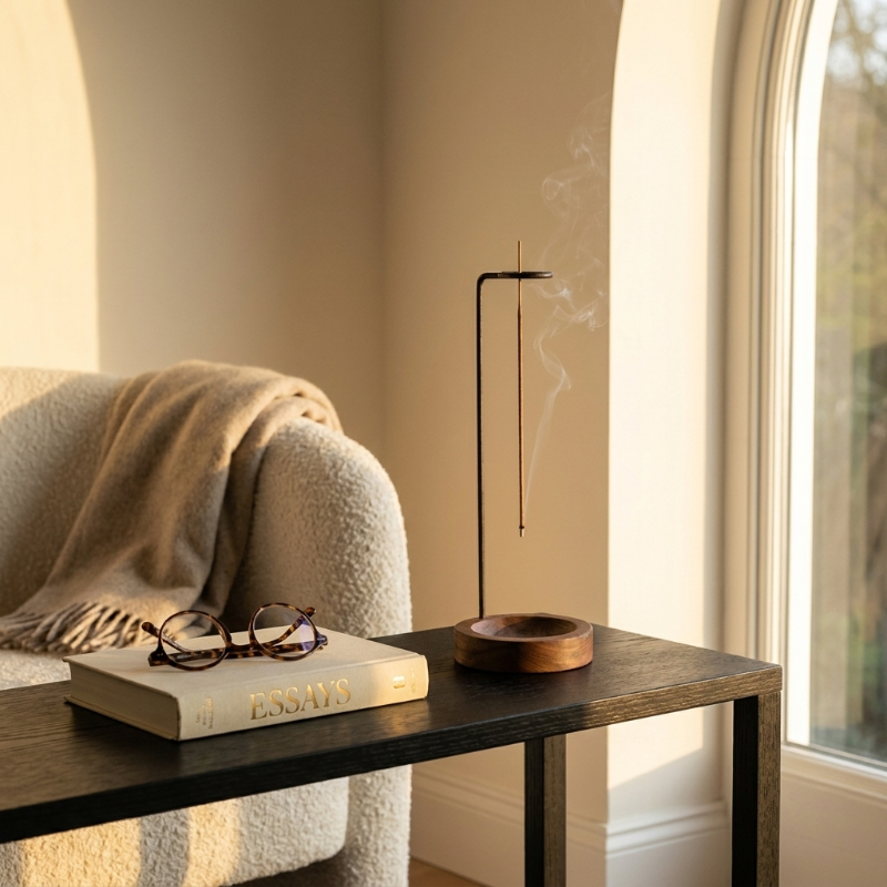 Kanso suspended walnut wood incense holder in living room.