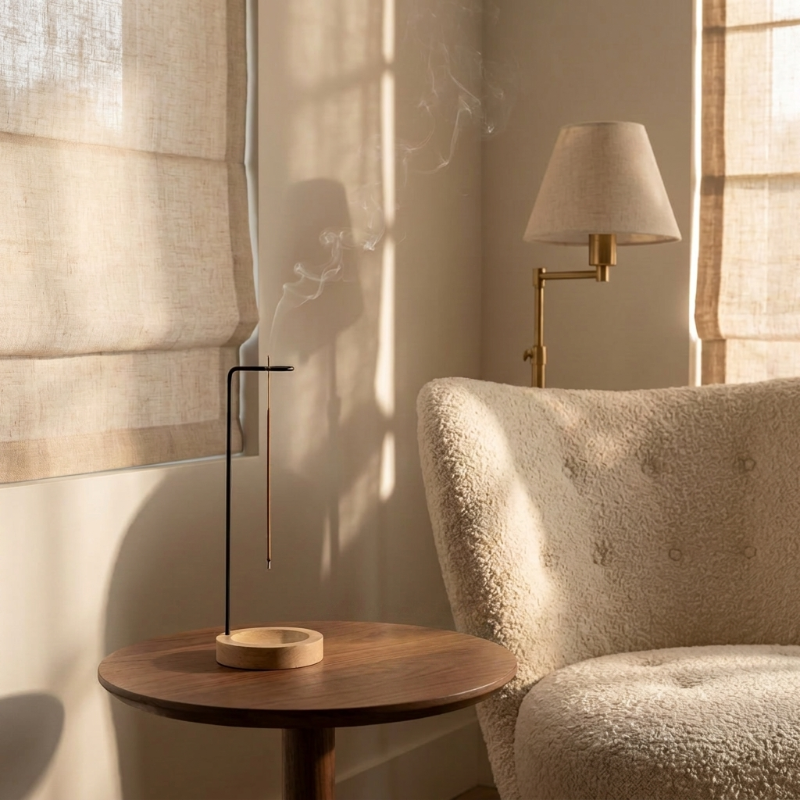 Kanso suspended oak wood incense holder in living room.