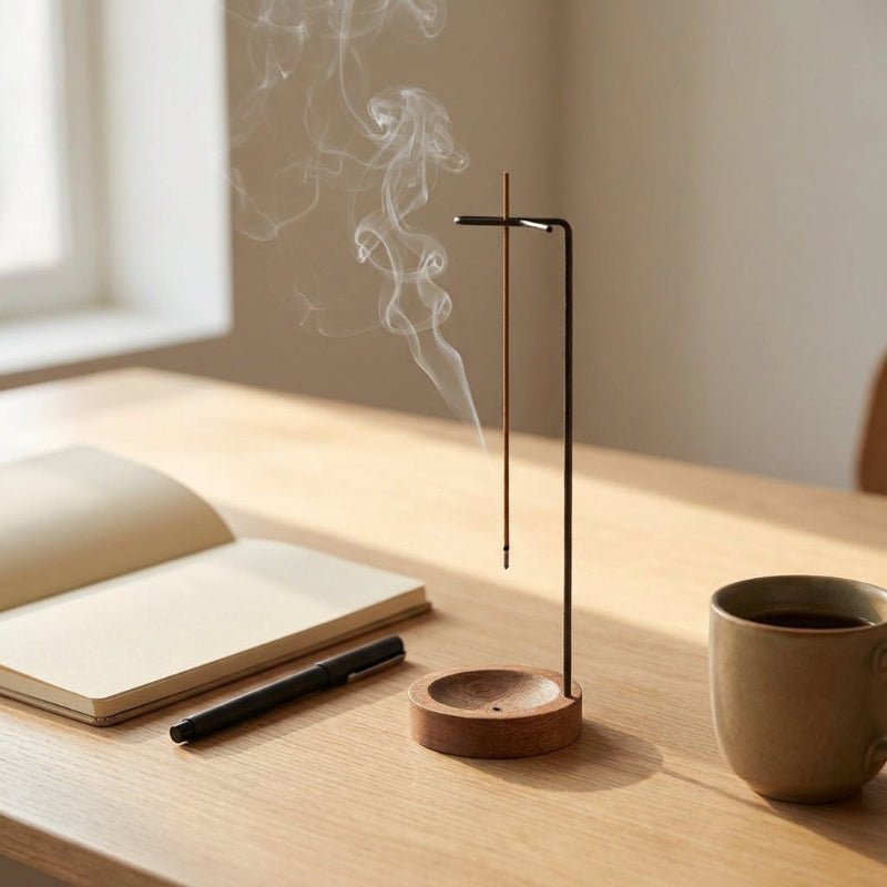 Incense burner with smoke on a wooden desk with a notebook and mug.