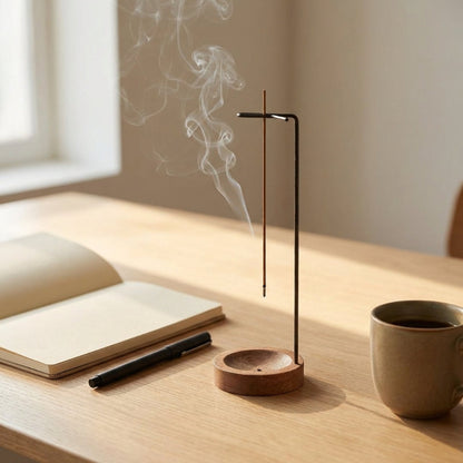 Incense burner with smoke on a wooden desk with a notebook and mug.