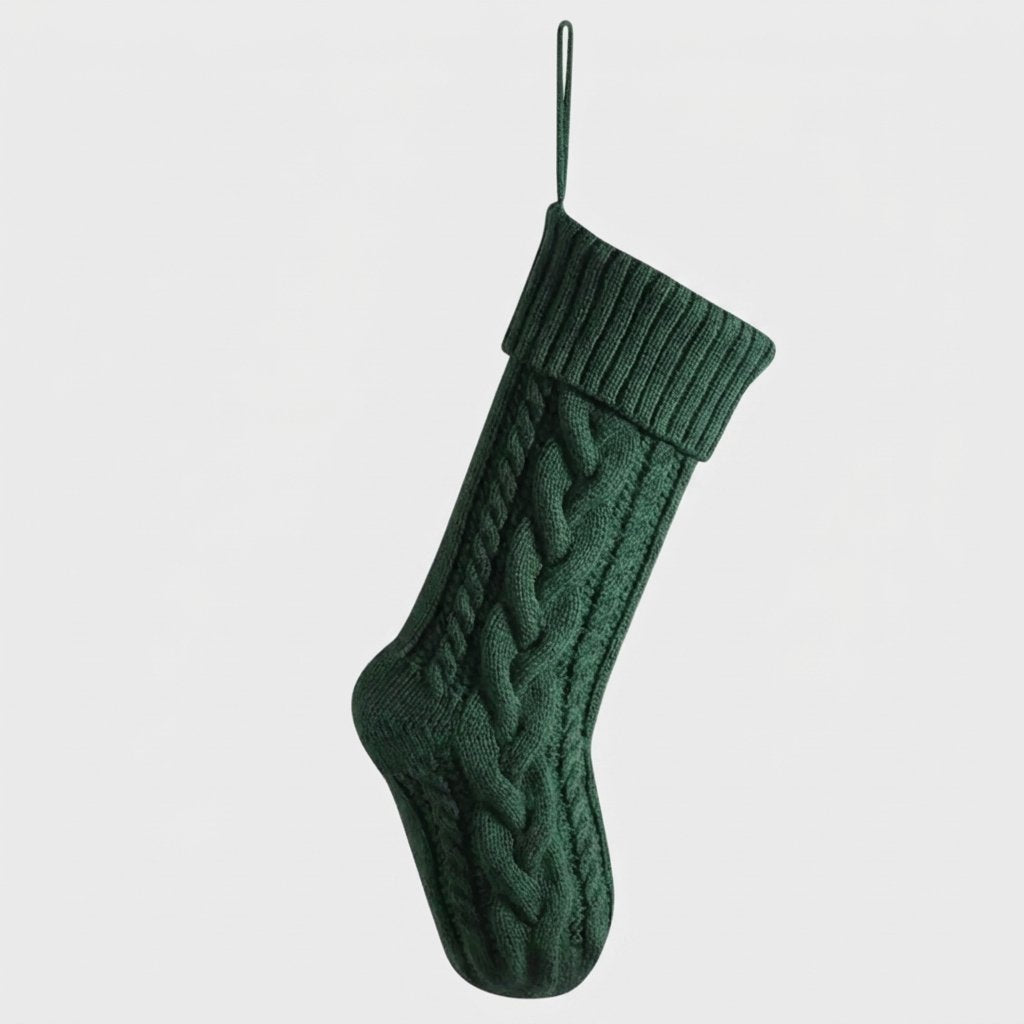 Green knit Christmas stocking product photo on a white background