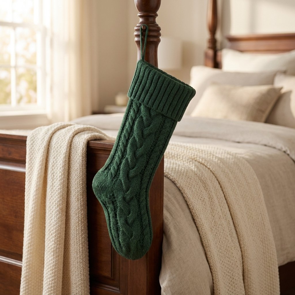 Green knit Christmas stocking hanging from a bedpost beside a knit throw blanket