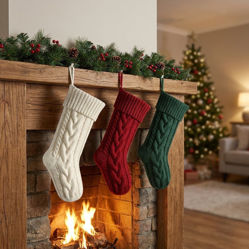 White, red, and green knit Christmas stockings hanging from a mantel above a lit fireplace